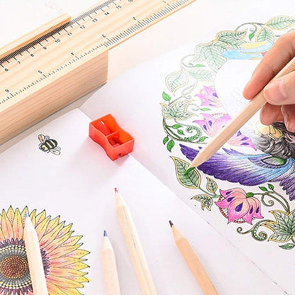 Colorful Wooden Pencil Set with Pencil box, Ruler, Sharpener (12 Pcs Set)